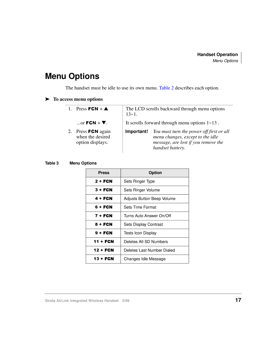 Toshiba Integrated Wireless Handset manual Menu Options, To access menu options 