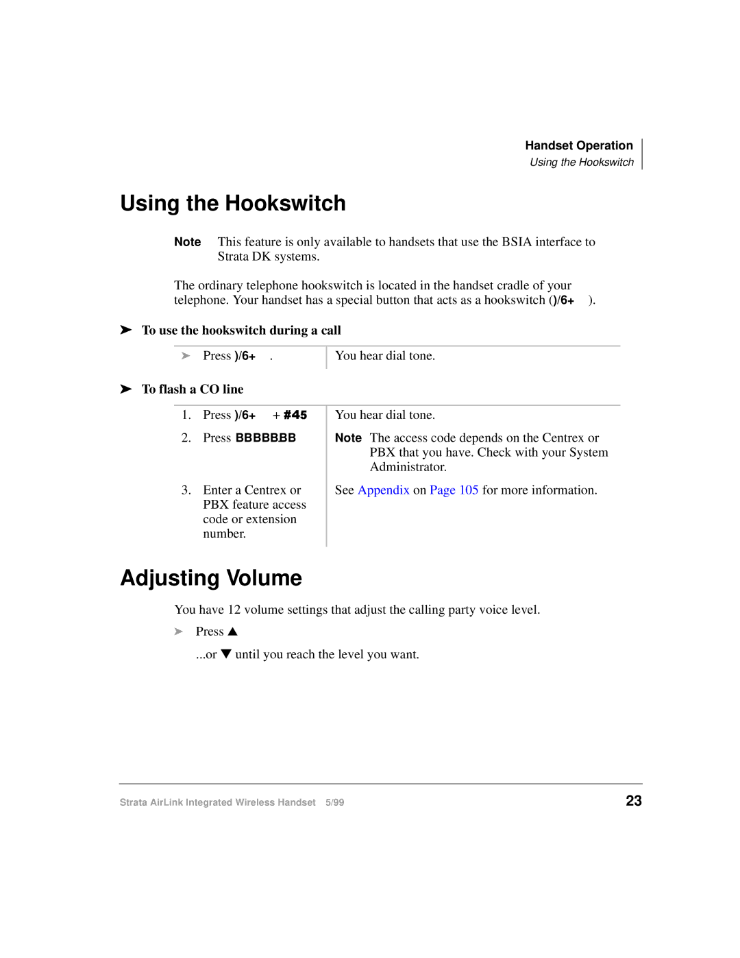 Toshiba Integrated Wireless Handset manual Using the Hookswitch, Adjusting Volume, To use the hookswitch during a call 