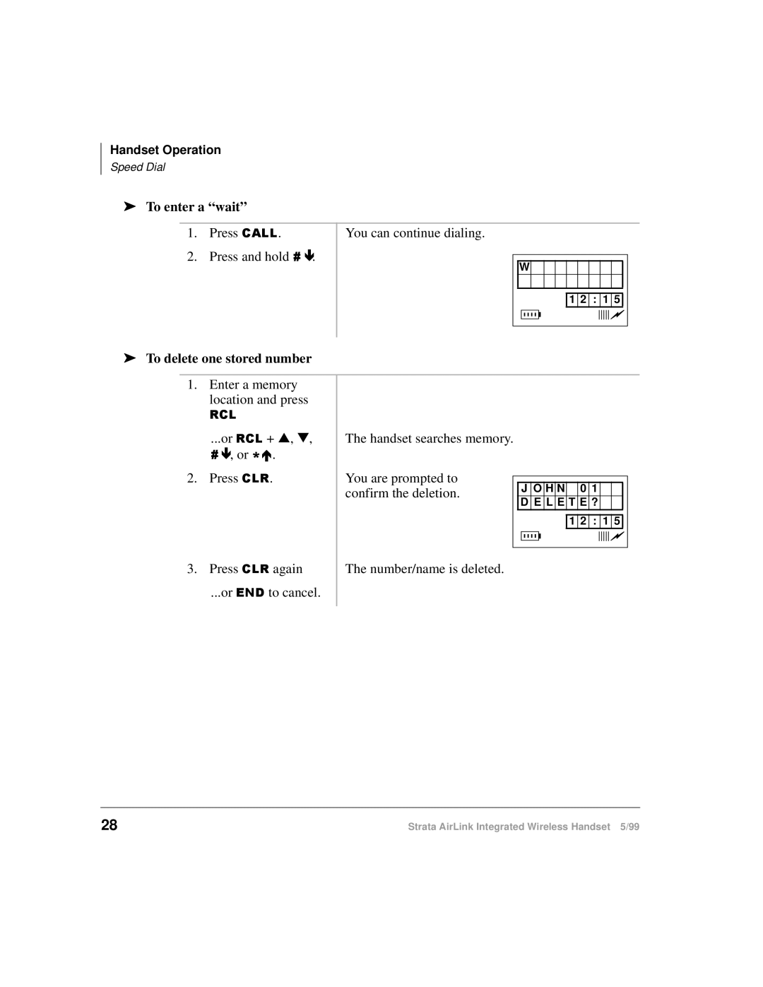 Toshiba Integrated Wireless Handset manual To enter a wait, To delete one stored number 