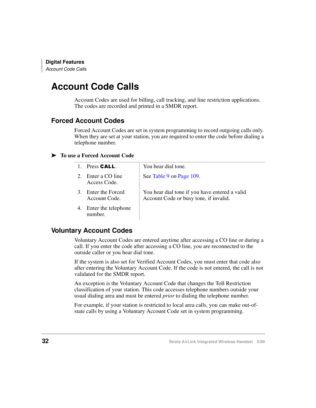 Toshiba Integrated Wireless Handset manual Account Code Calls, Forced Account Codes, Voluntary Account Codes 