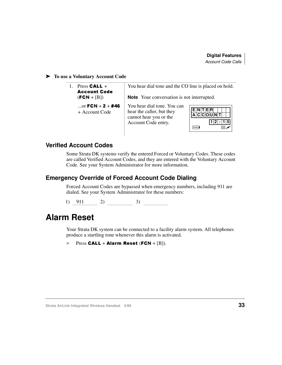 Toshiba Integrated Wireless Handset Alarm Reset, Verified Account Codes, Emergency Override of Forced Account Code Dialing 