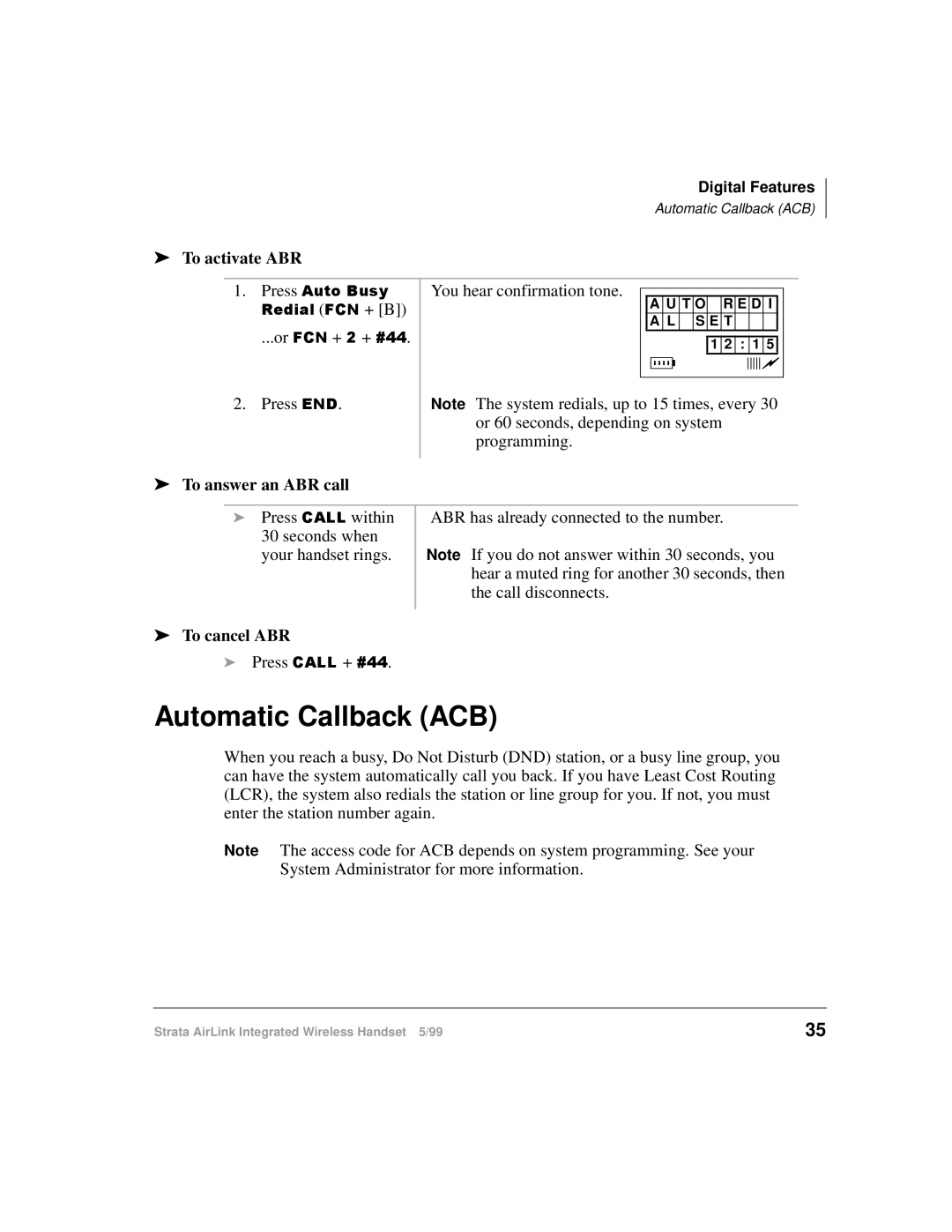 Toshiba Integrated Wireless Handset manual Automatic Callback ACB 