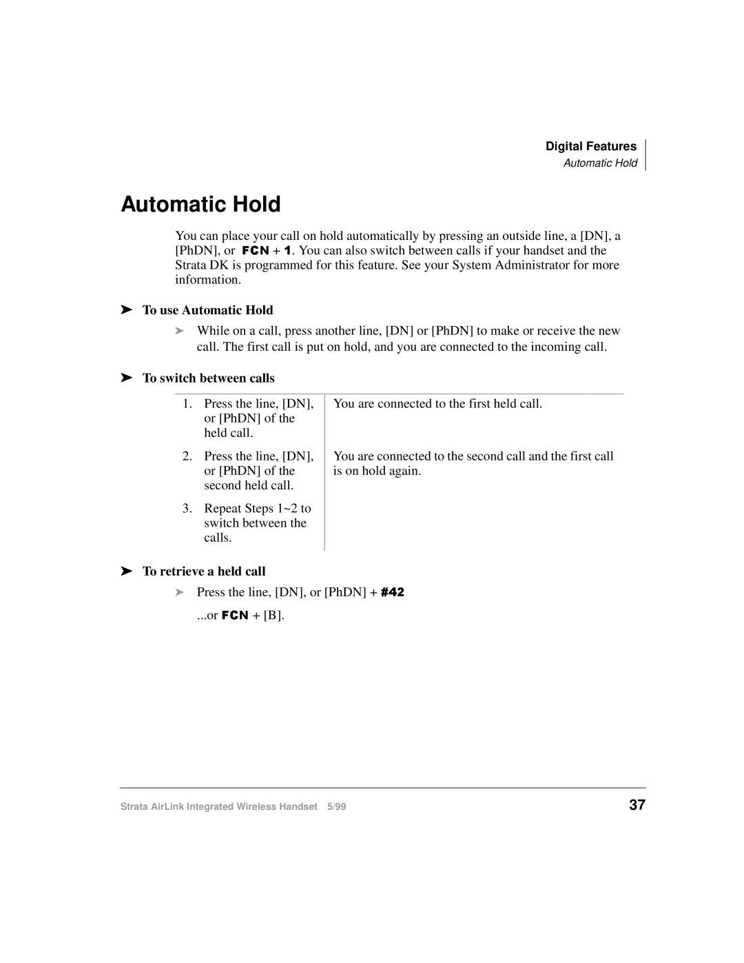 Toshiba Integrated Wireless Handset manual To use Automatic Hold, To switch between calls, To retrieve a held call 