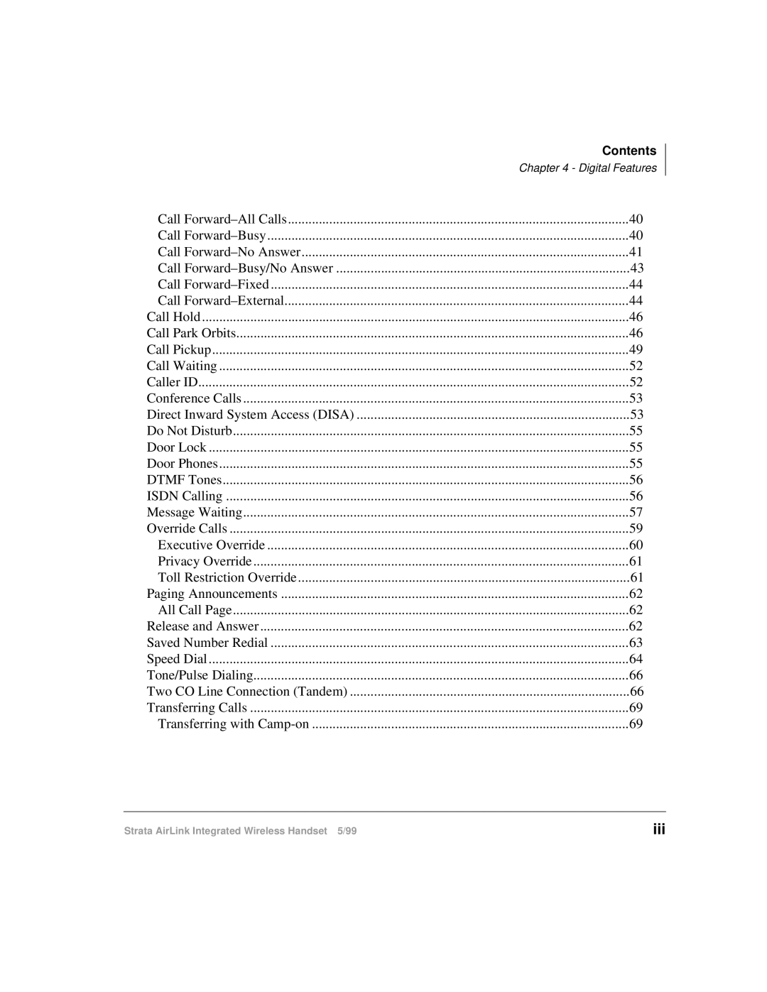 Toshiba Integrated Wireless Handset manual Iii, Digital Features 