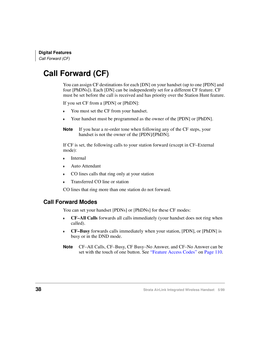 Toshiba Integrated Wireless Handset manual Call Forward CF, Call Forward Modes 