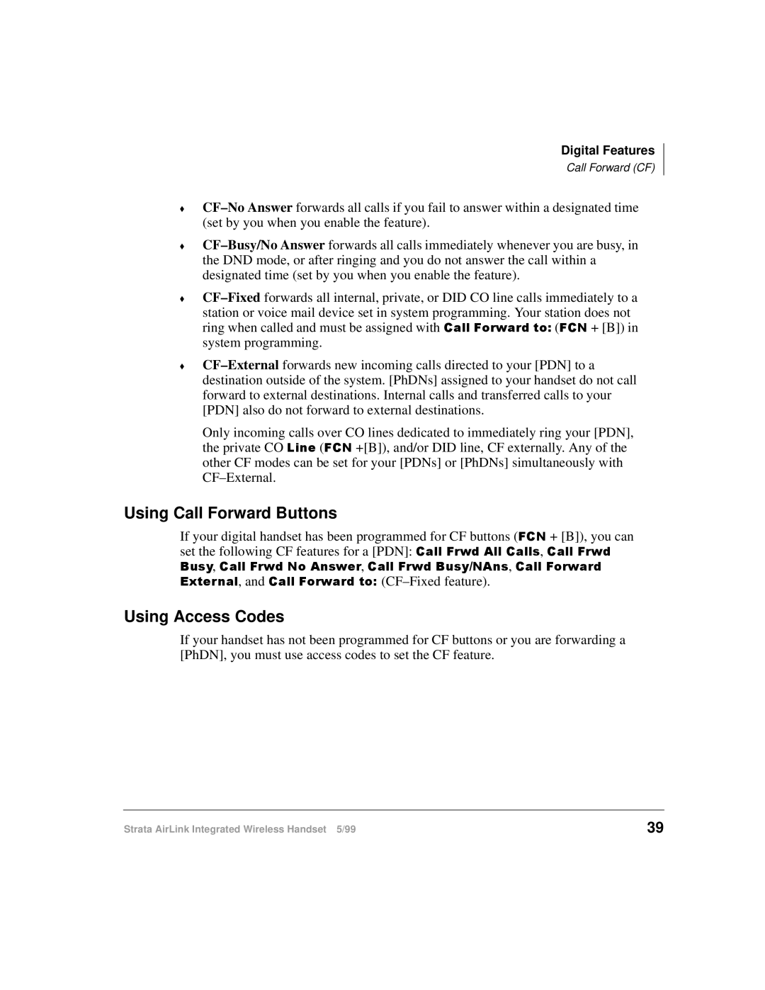 Toshiba Integrated Wireless Handset manual Using Call Forward Buttons, Using Access Codes 