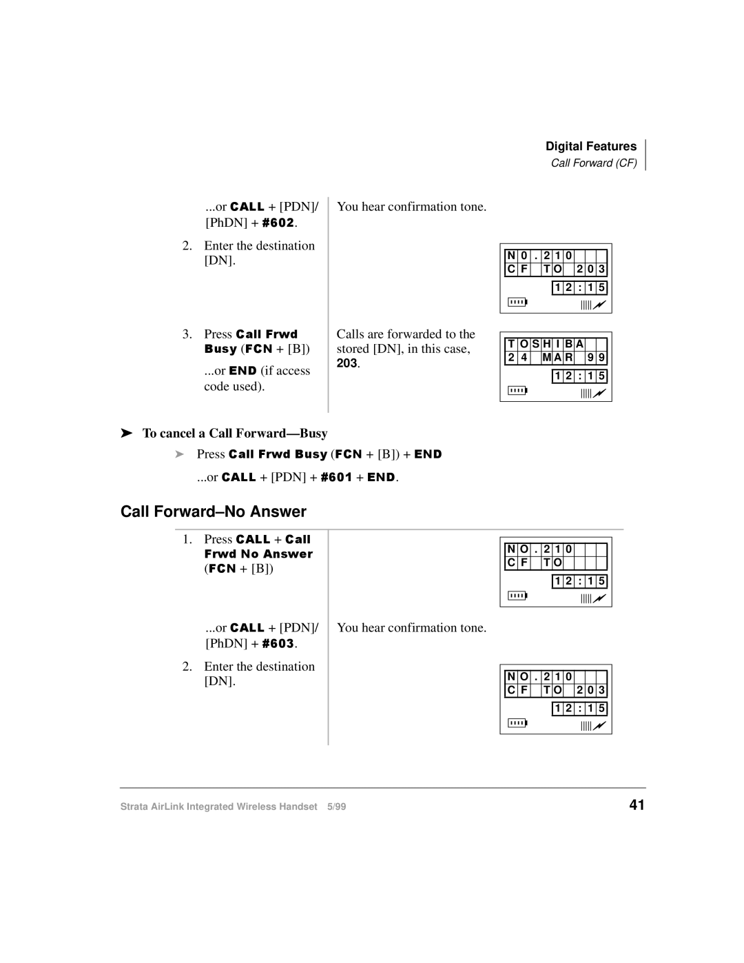 Toshiba Integrated Wireless Handset manual Call Forward-No Answer, To cancel a Call Forward-Busy 