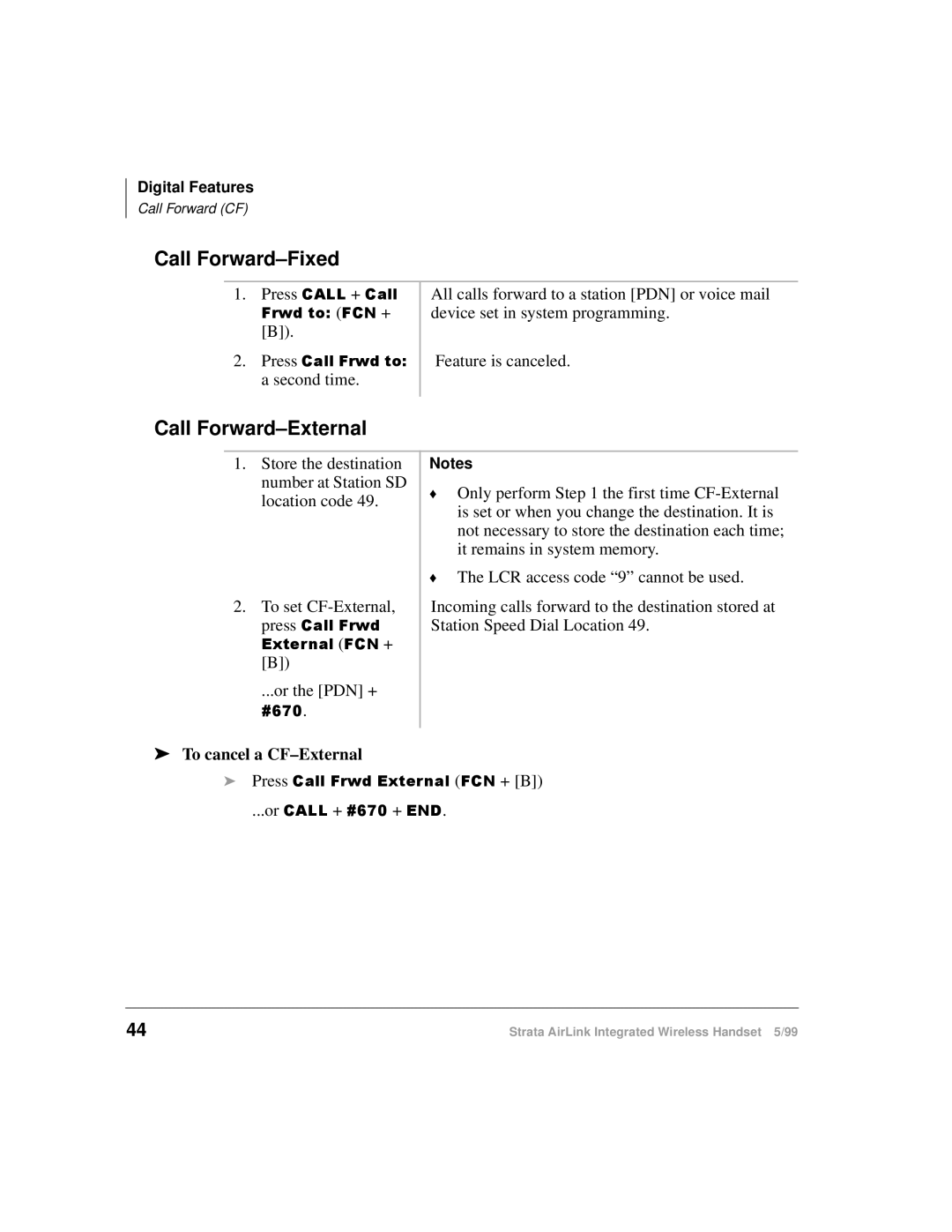 Toshiba Integrated Wireless Handset manual Call Forward-Fixed, Call Forward-External, To cancel a CF-External 