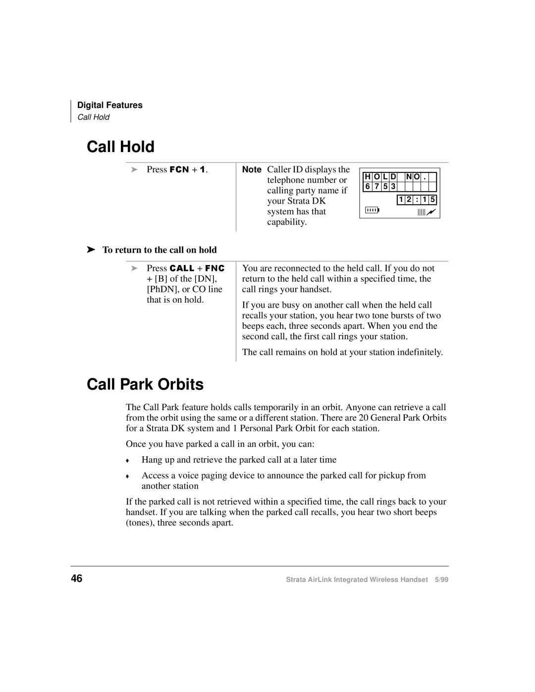 Toshiba Integrated Wireless Handset manual Call Hold, Call Park Orbits, To return to the call on hold 