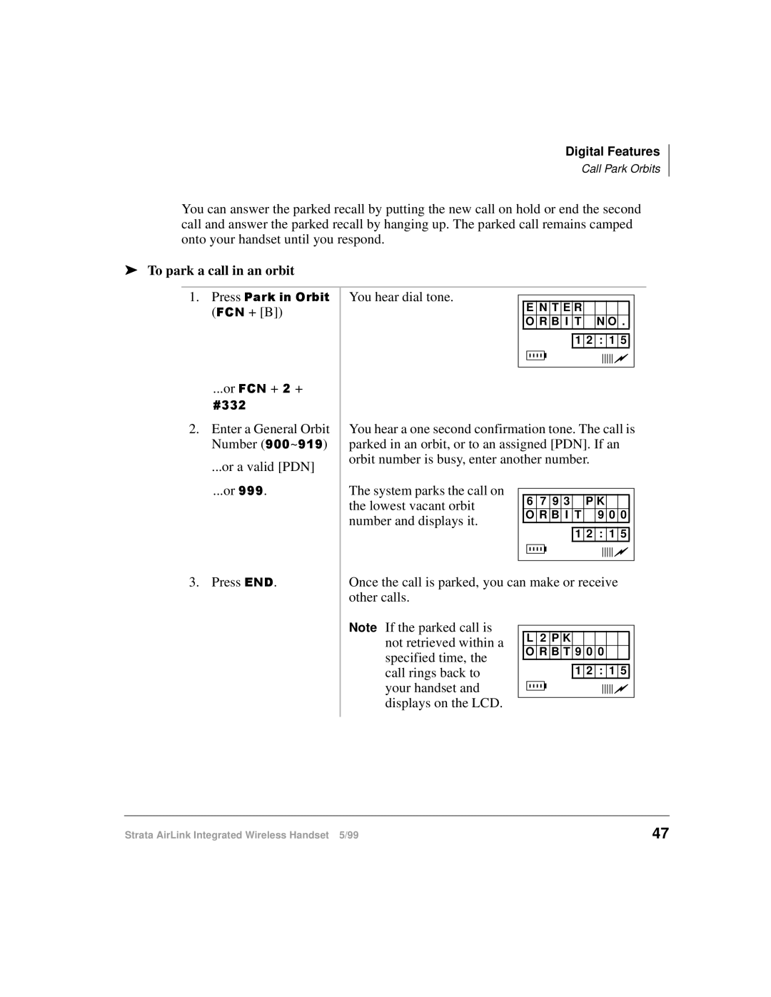 Toshiba Integrated Wireless Handset manual To park a call in an orbit 