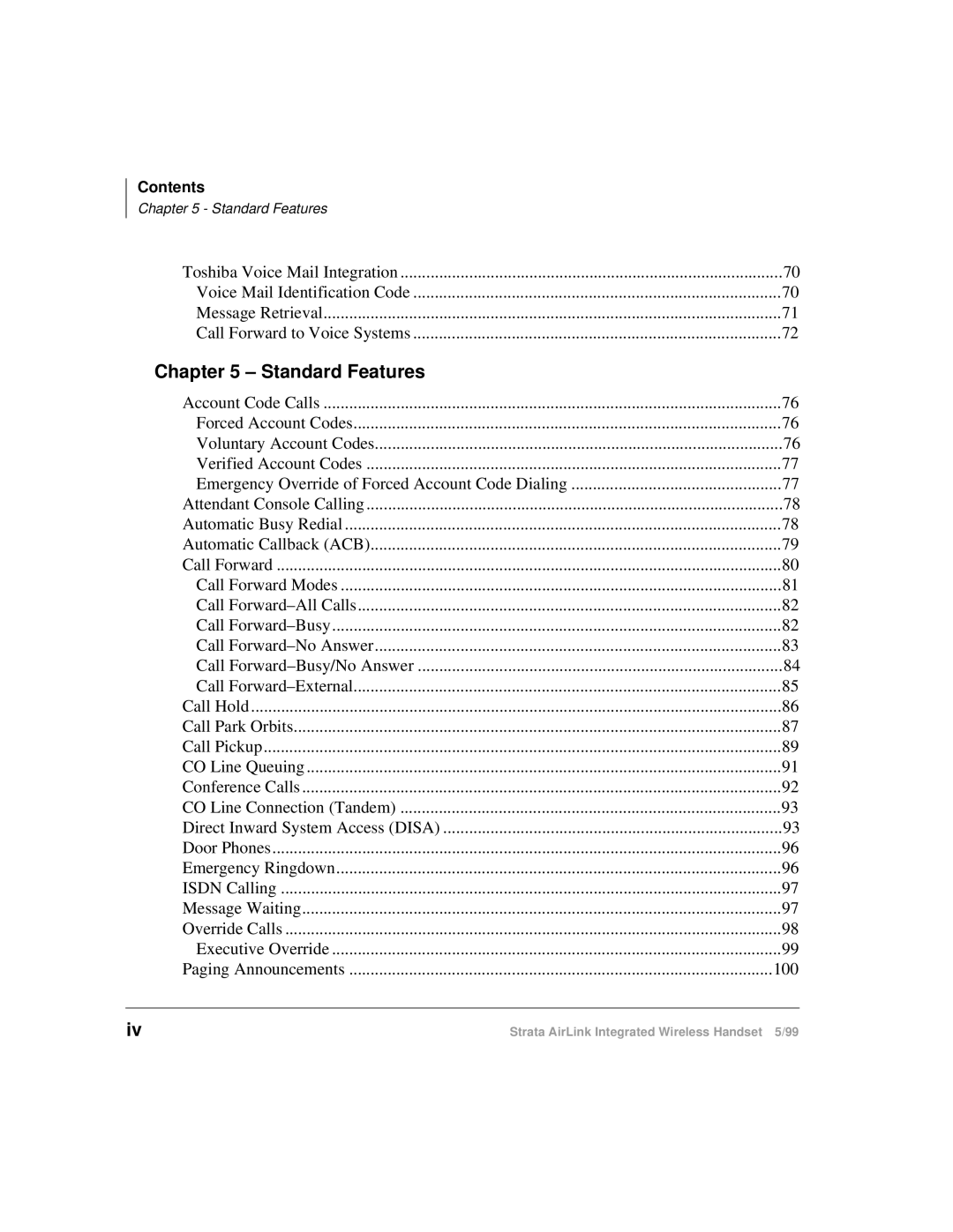 Toshiba Integrated Wireless Handset manual Standard Features 