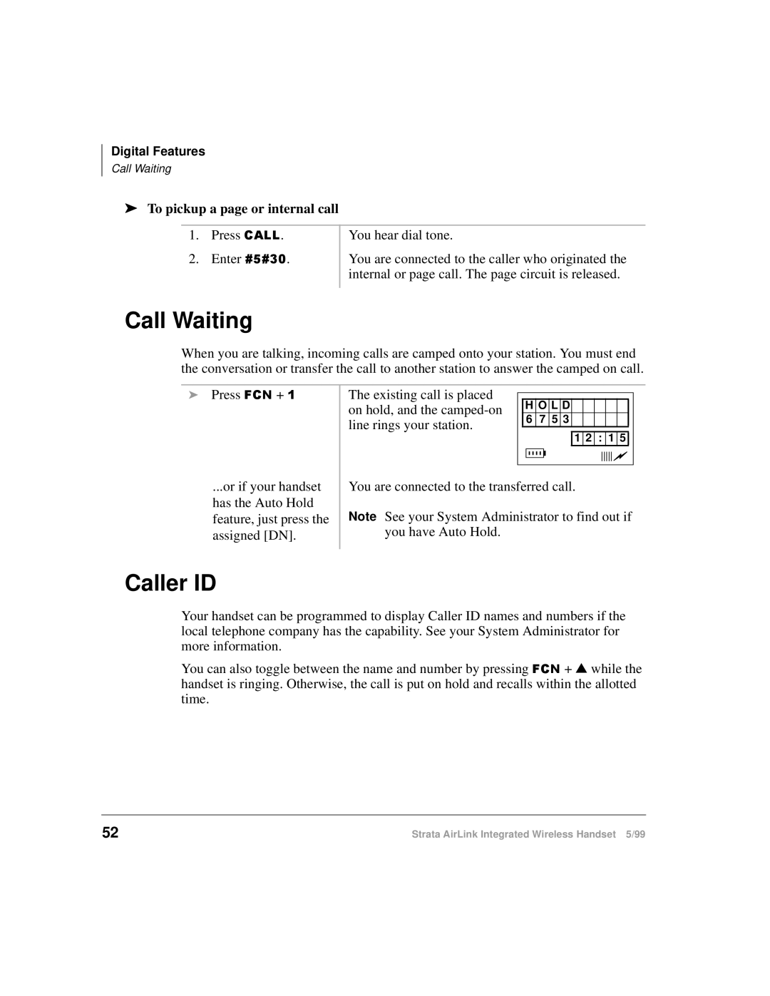 Toshiba Integrated Wireless Handset manual Call Waiting, Caller ID, To pickup a page or internal call 