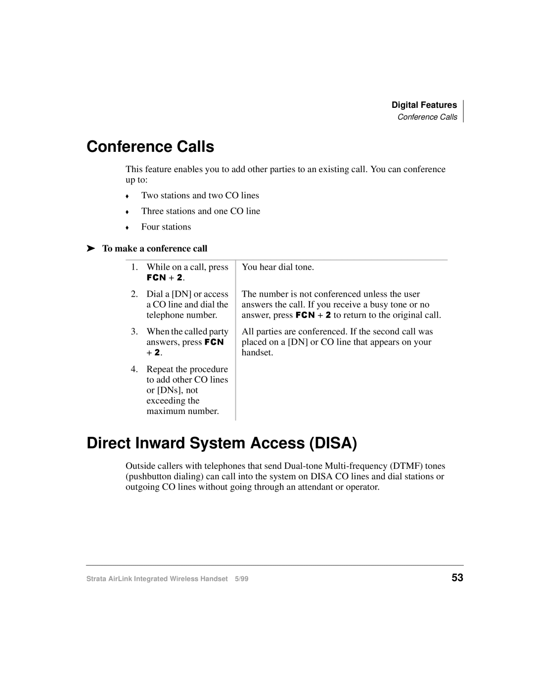 Toshiba Integrated Wireless Handset manual Conference Calls, Direct Inward System Access Disa, To make a conference call 