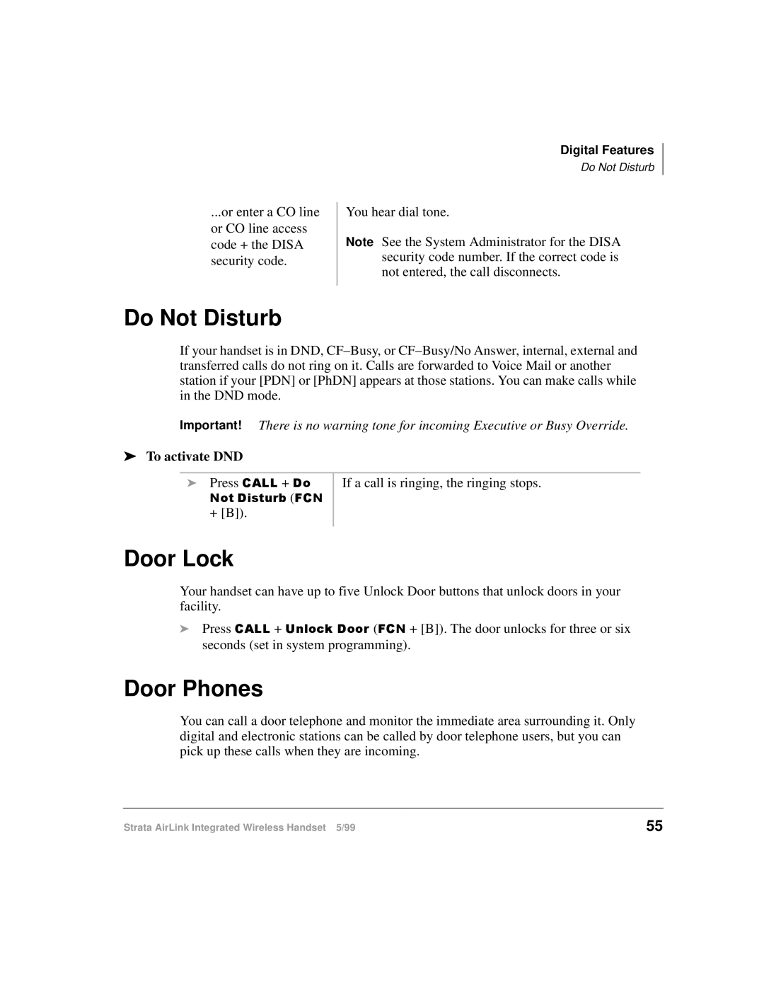 Toshiba Integrated Wireless Handset manual Do Not Disturb, Door Lock, Door Phones, To activate DND 