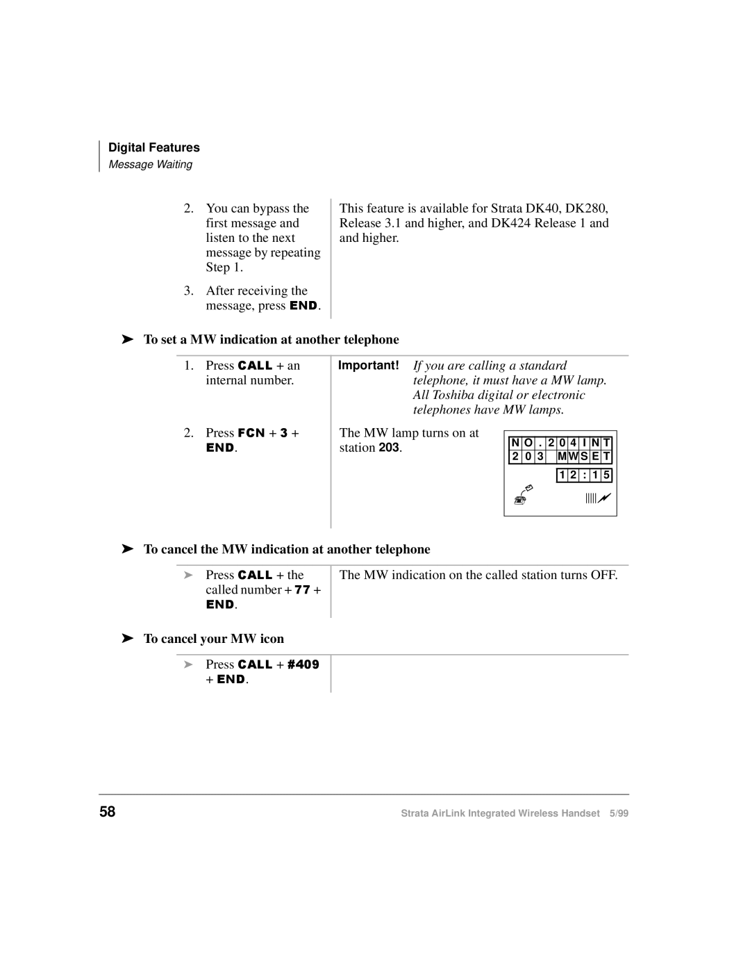 Toshiba Integrated Wireless Handset manual To set a MW indication at another telephone, To cancel your MW icon 