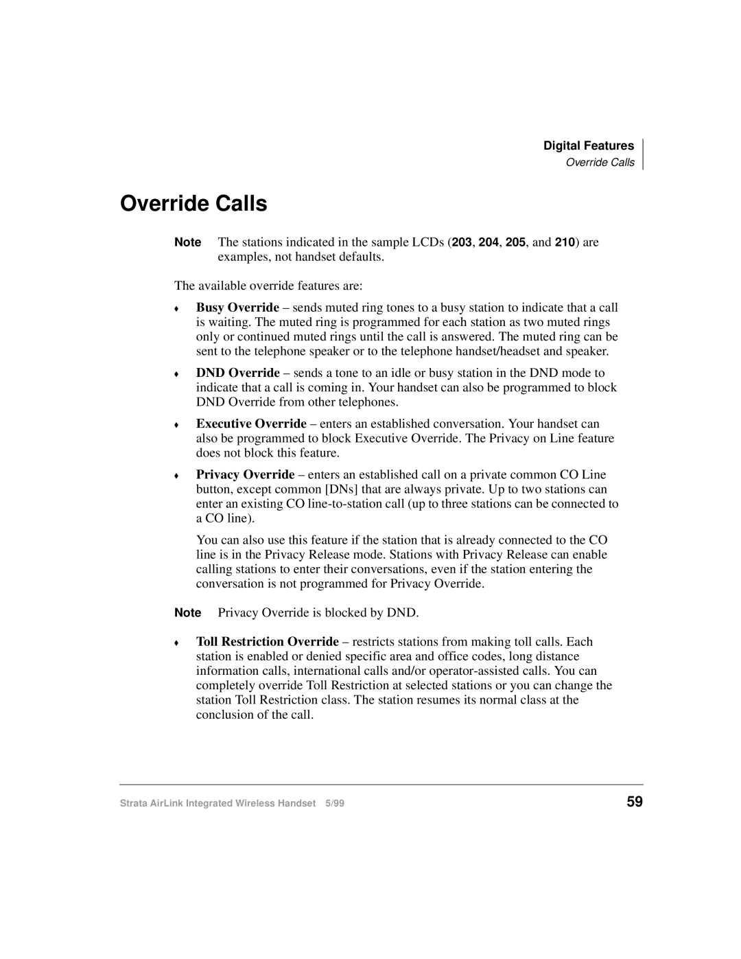 Toshiba Integrated Wireless Handset manual Override Calls, Available override features are 