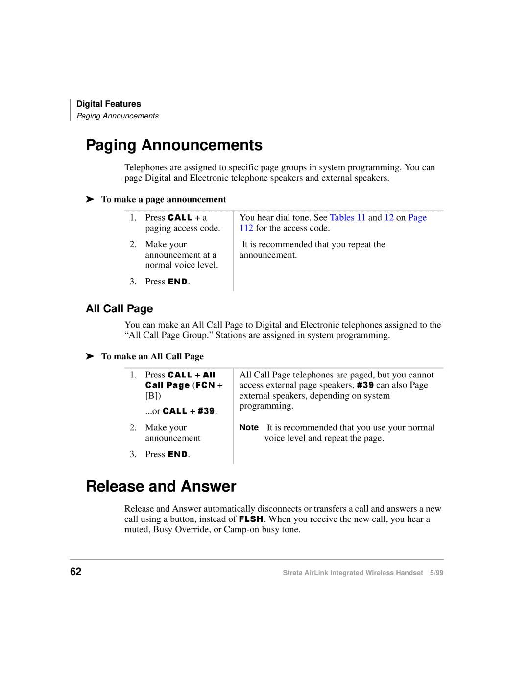 Toshiba Integrated Wireless Handset manual Paging Announcements, Release and Answer, All Call, To make a page announcement 