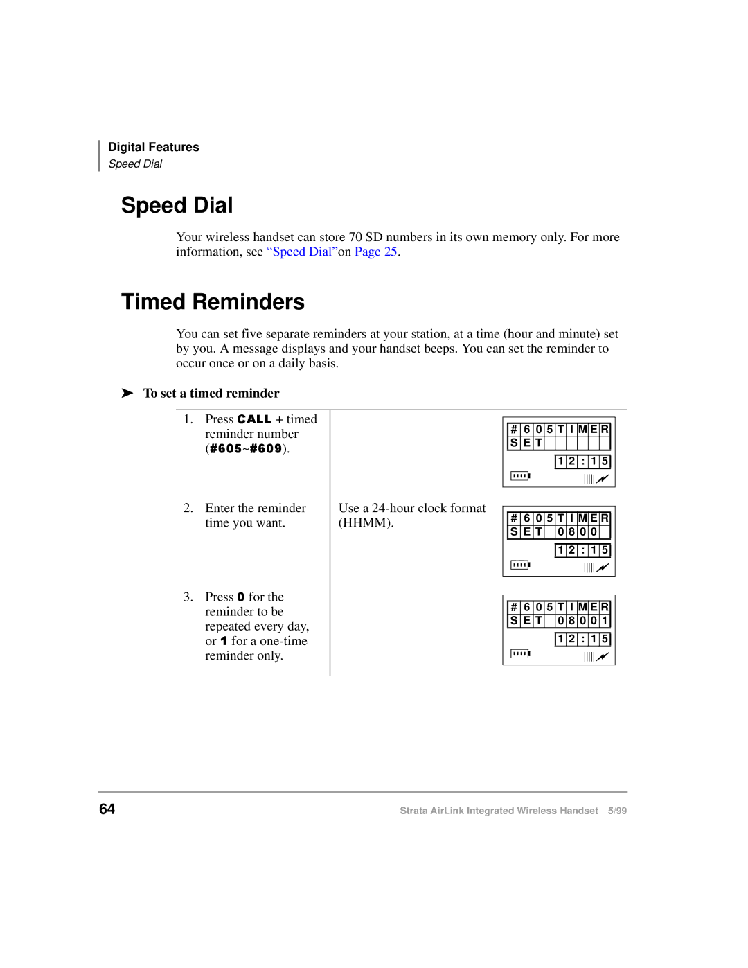 Toshiba Integrated Wireless Handset manual Timed Reminders, To set a timed reminder Press &$// + timed Reminder number 