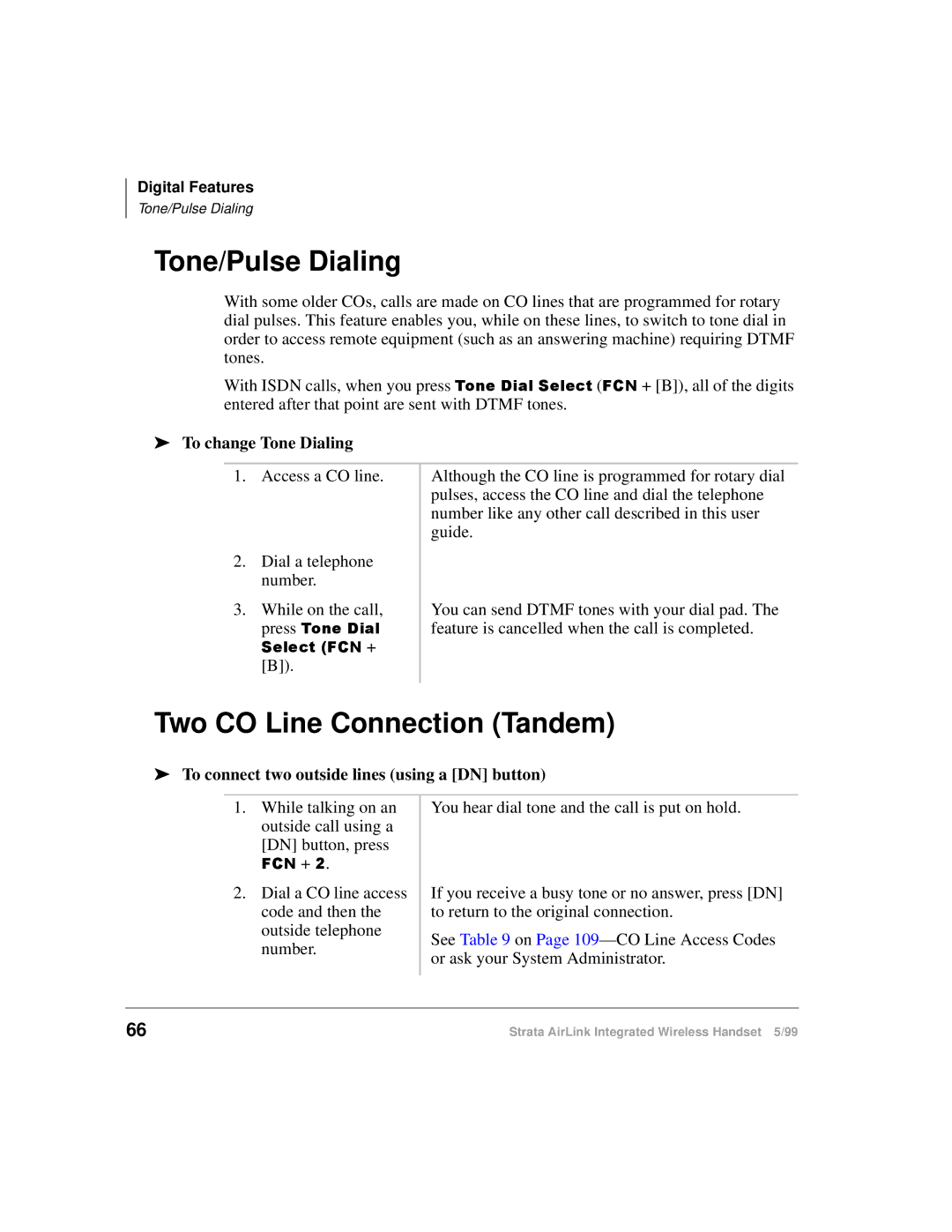 Toshiba Integrated Wireless Handset manual Tone/Pulse Dialing, Two CO Line Connection Tandem, To change Tone Dialing 