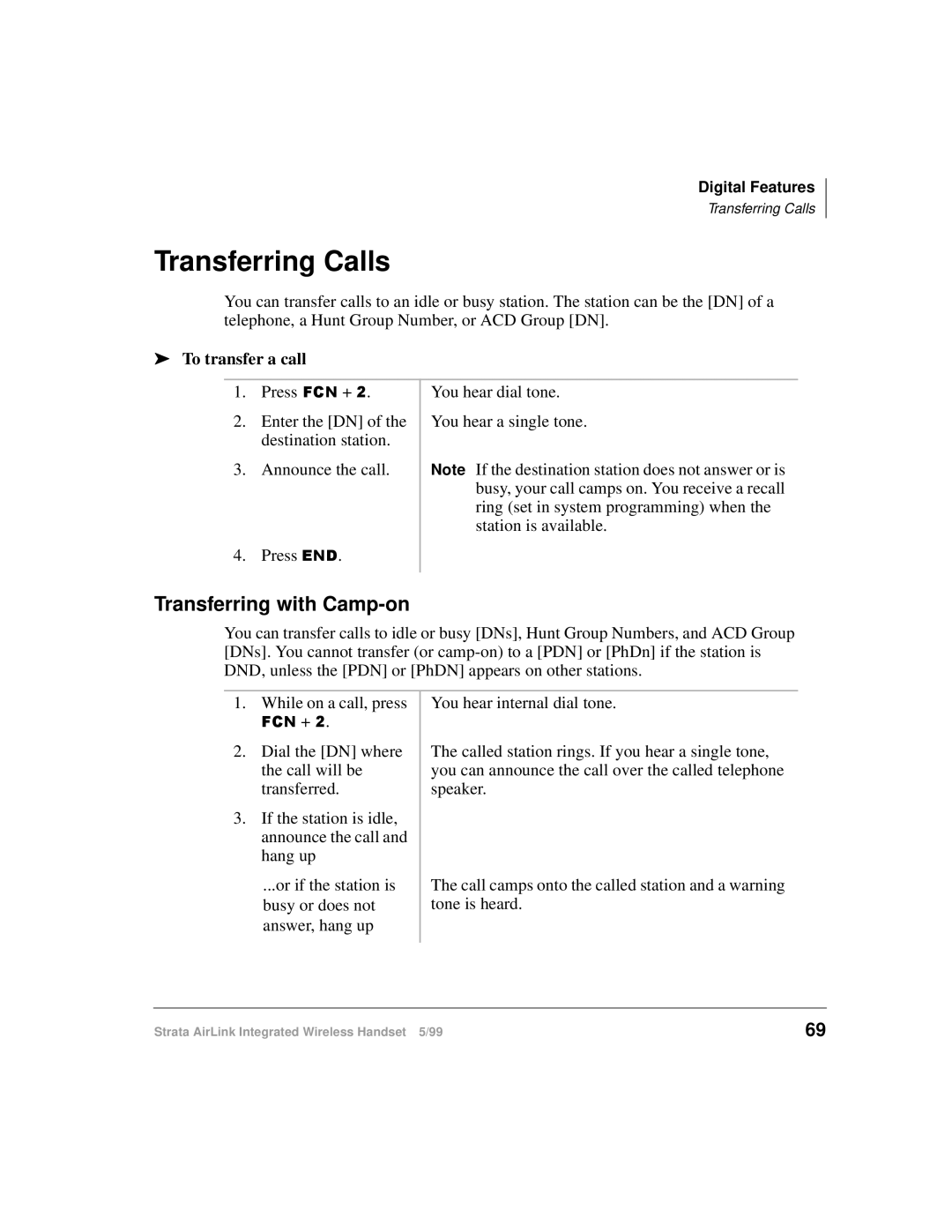 Toshiba Integrated Wireless Handset manual Transferring Calls, Transferring with Camp-on, To transfer a call 