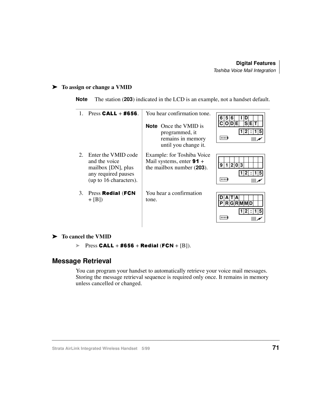 Toshiba Integrated Wireless Handset manual Message Retrieval, To assign or change a Vmid, To cancel the Vmid 