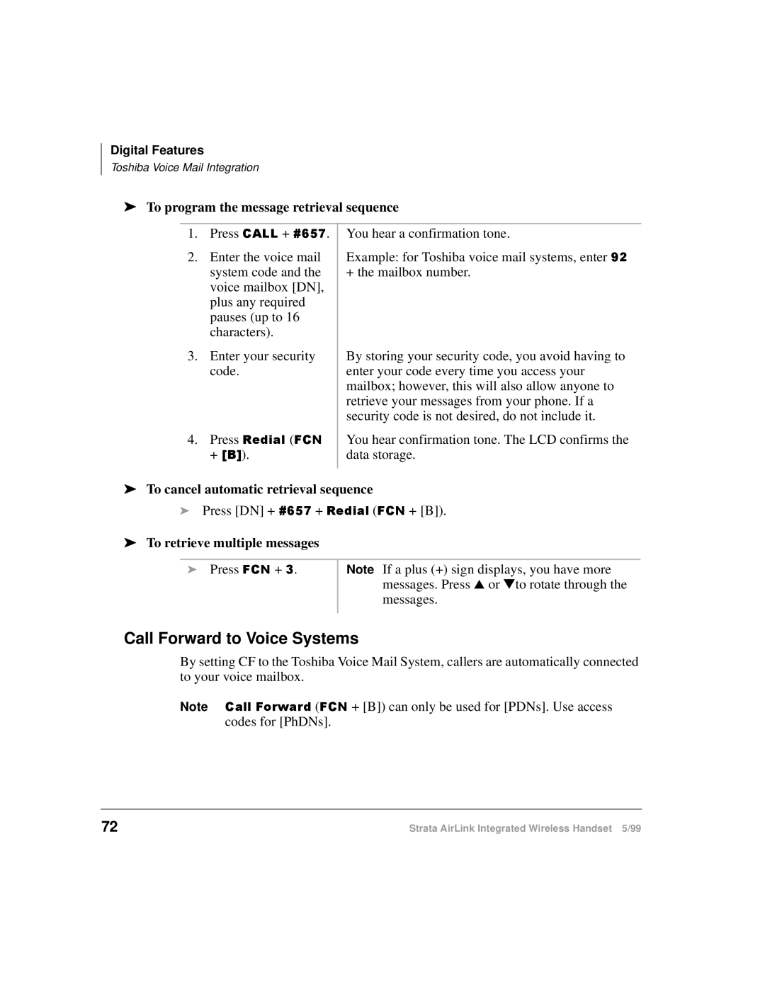 Toshiba Integrated Wireless Handset manual Call Forward to Voice Systems, To program the message retrieval sequence 