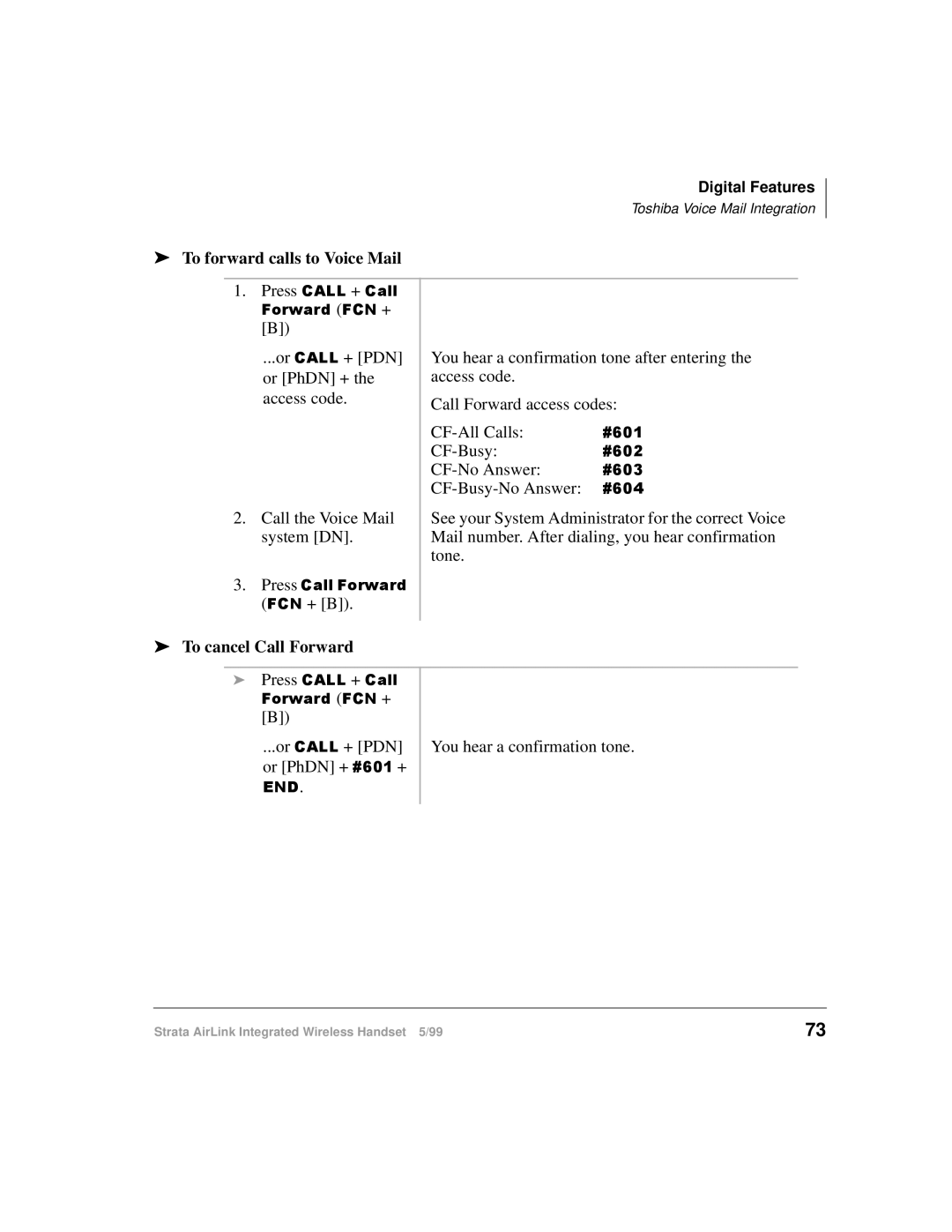 Toshiba Integrated Wireless Handset manual To forward calls to Voice Mail, To cancel Call Forward 