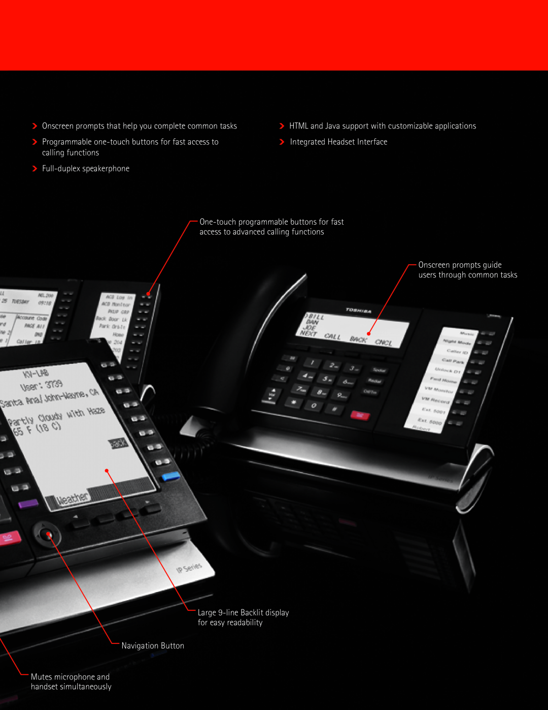 Toshiba IP Telephone Onscreen prompts that help you complete common tasks, Integrated Headset Interface, calling functions 