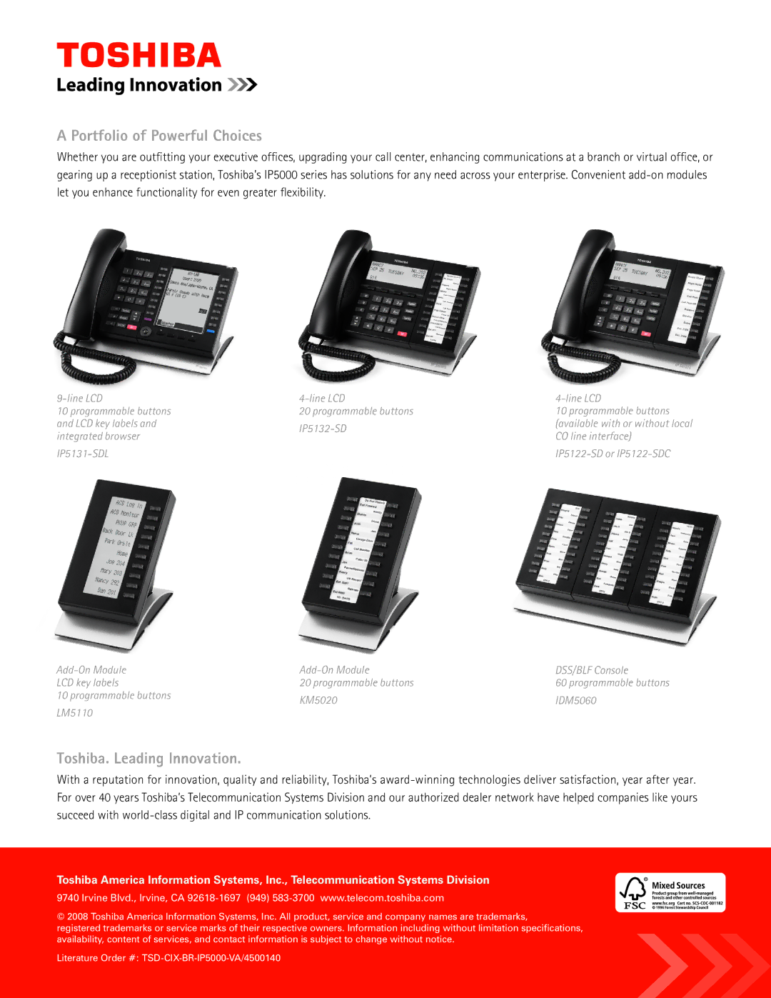 Toshiba IP Telephones manual Portfolio of Powerful Choices, Toshiba. Leading Innovation 