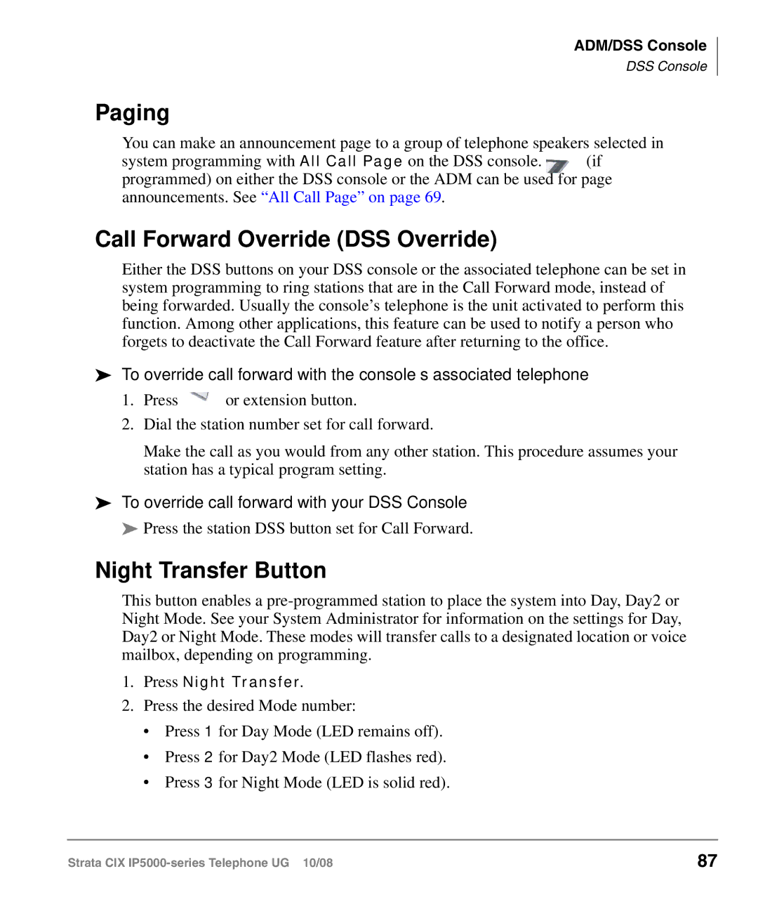 Toshiba IP5000 manual Paging, Call Forward Override DSS Override, Night Transfer Button 