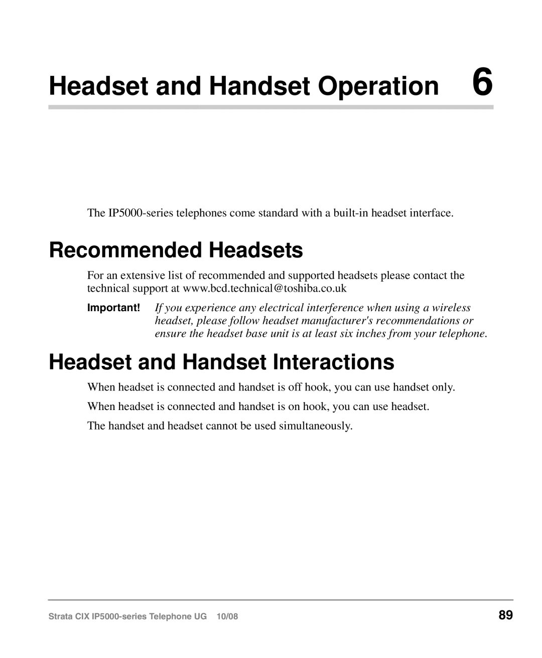 Toshiba IP5000 manual Recommended Headsets, Headset and Handset Interactions 