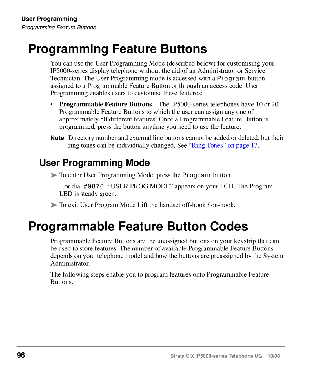 Toshiba IP5000 manual Programming Feature Buttons, Programmable Feature Button Codes, User Programming Mode 