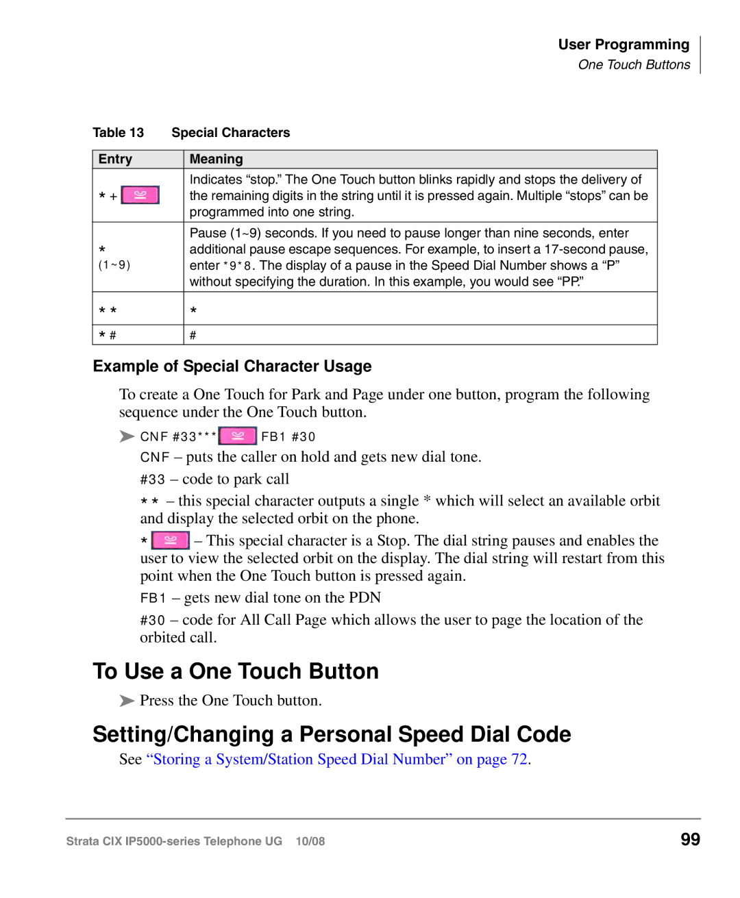 Toshiba IP5000 To Use a One Touch Button, Setting/Changing a Personal Speed Dial Code, Example of Special Character Usage 