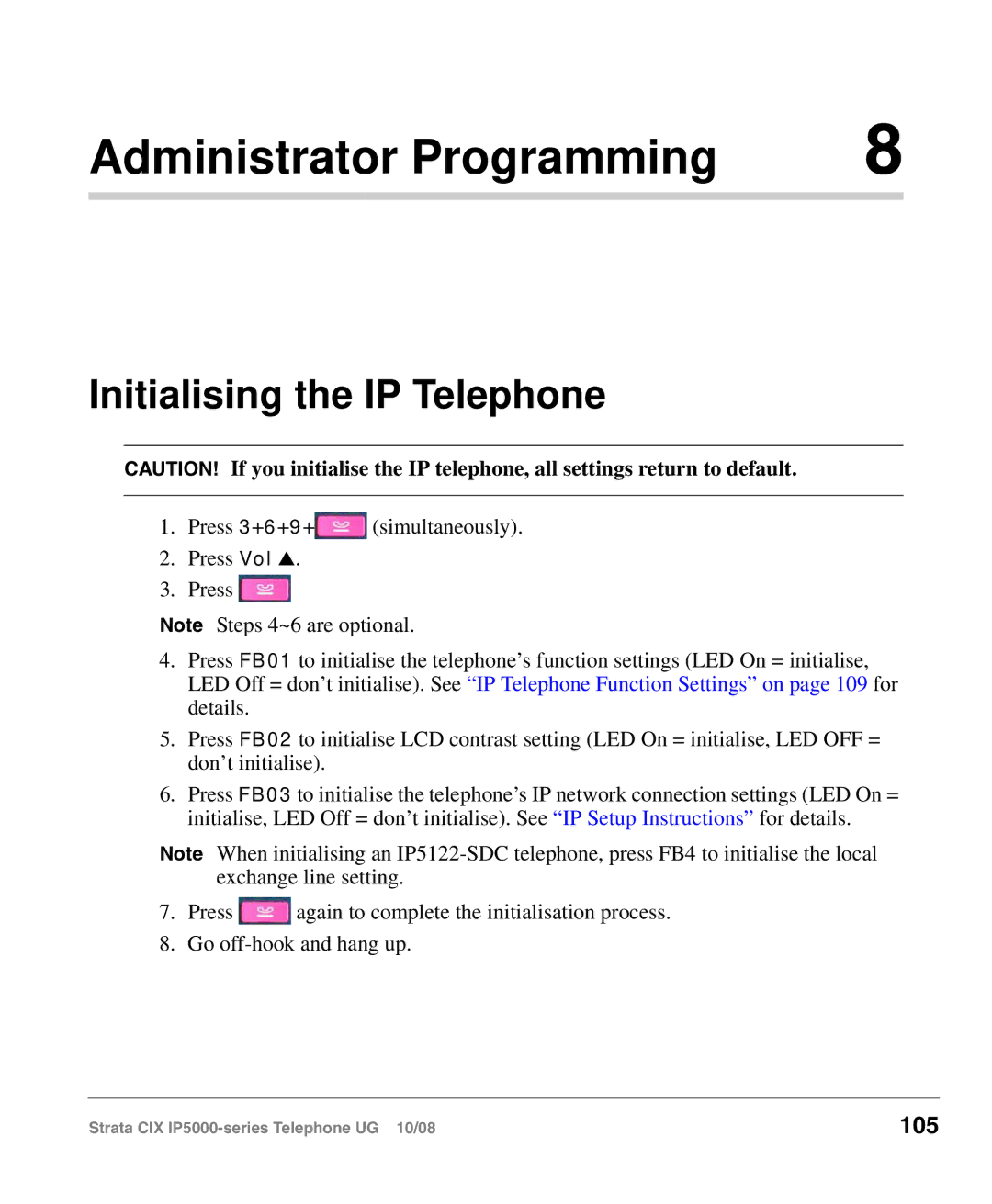 Toshiba IP5000 manual Initialising the IP Telephone, 105 