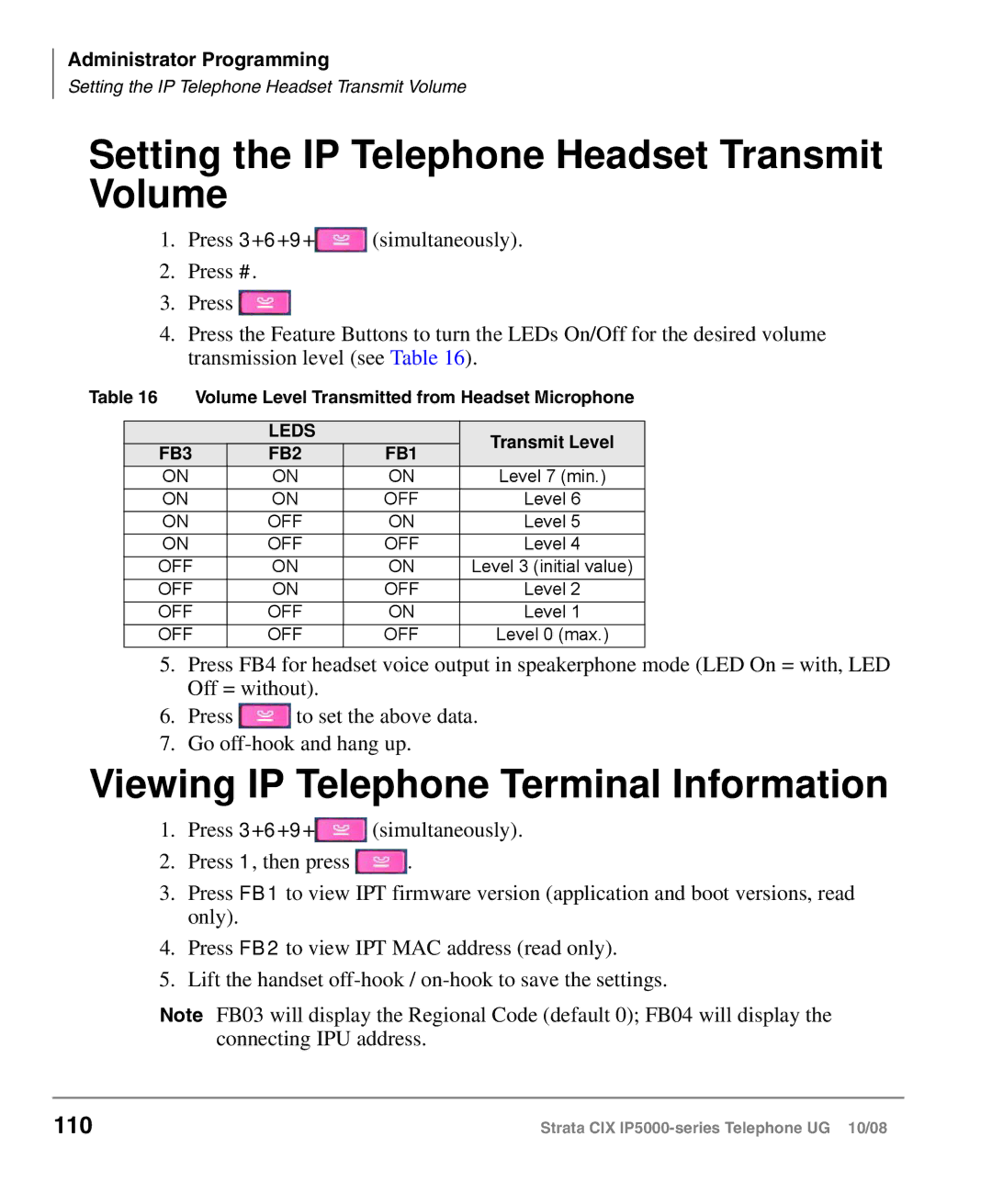 Toshiba IP5000 manual Setting the IP Telephone Headset Transmit Volume, Viewing IP Telephone Terminal Information, 110 