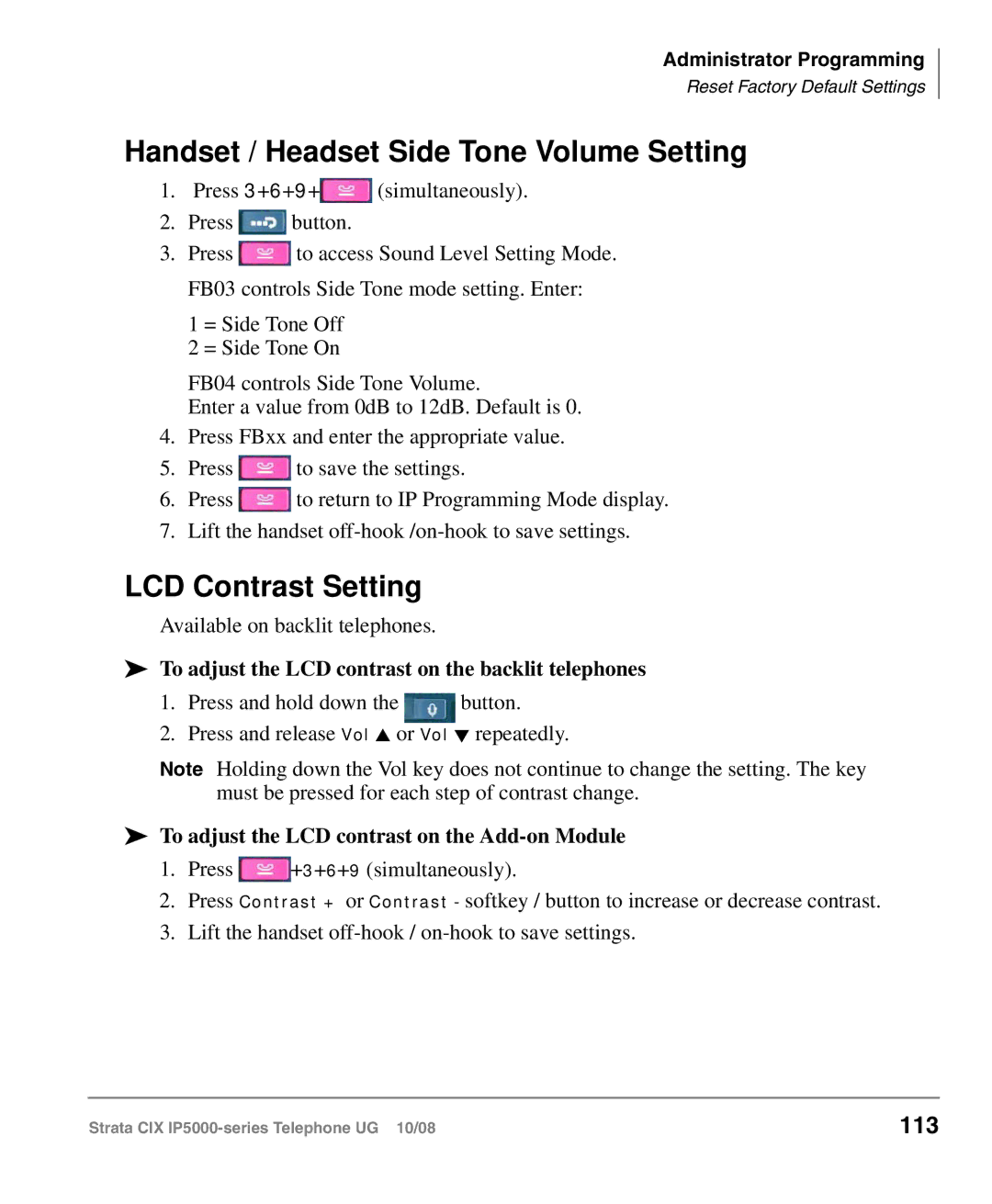 Toshiba IP5000 manual Handset / Headset Side Tone Volume Setting, LCD Contrast Setting, 113 