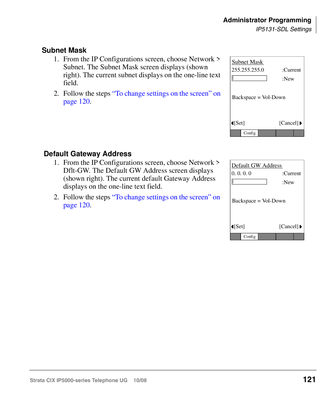 Toshiba IP5000 manual 121, Subnet Mask, Default Gateway Address 