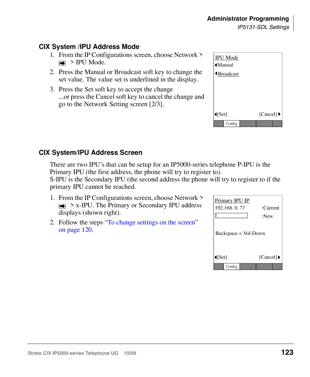 Toshiba IP5000 manual 123, CIX System /IPU Address Mode, CIX System/IPU Address Screen 