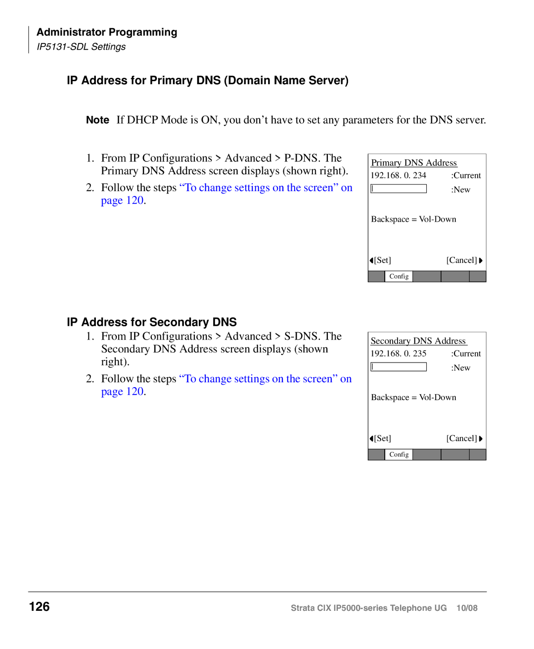 Toshiba IP5000 manual 126, IP Address for Primary DNS Domain Name Server, IP Address for Secondary DNS 