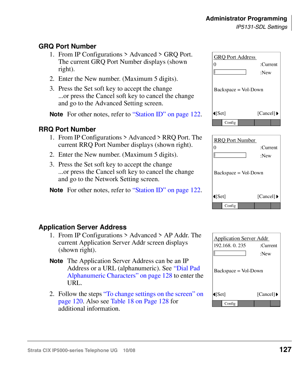 Toshiba IP5000 manual 127, GRQ Port Number, RRQ Port Number, Application Server Address 