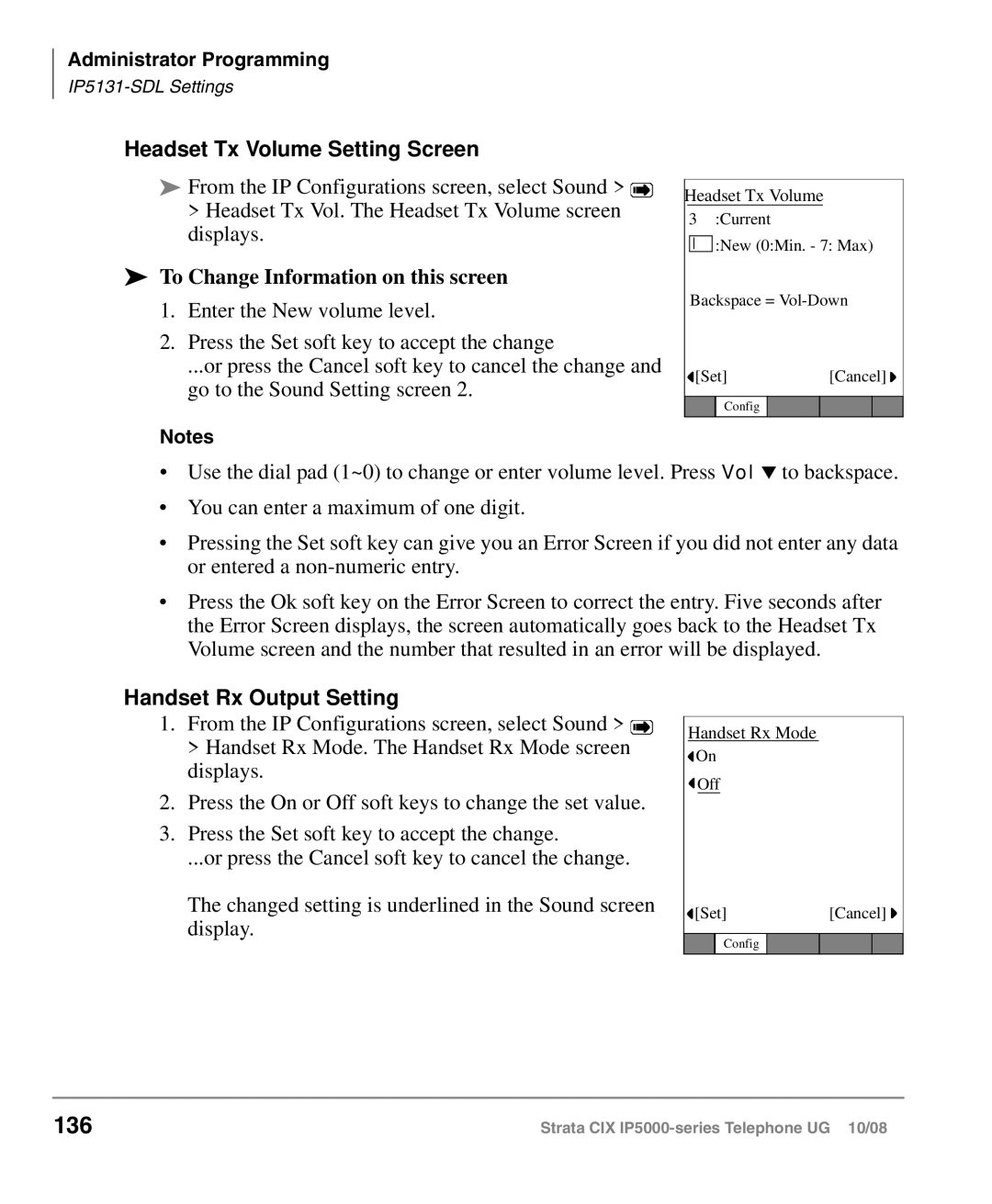 Toshiba IP5000 136, Headset Tx Volume Setting Screen, To Change Information on this screen, Handset Rx Output Setting 