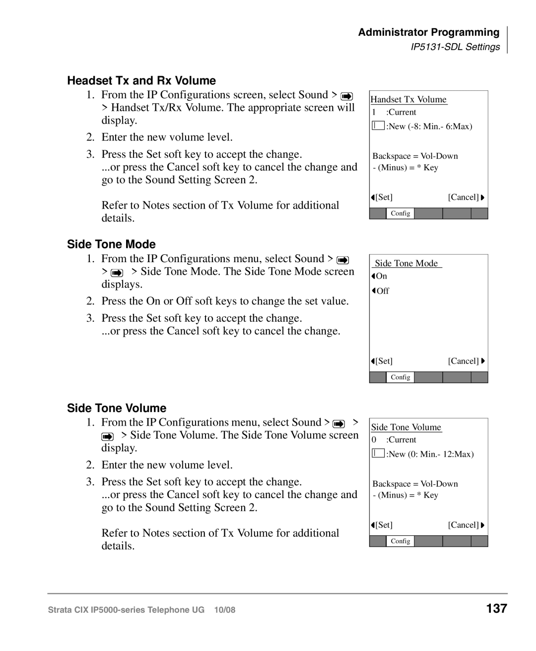 Toshiba IP5000 manual 137, Headset Tx and Rx Volume, Side Tone Mode, Side Tone Volume 