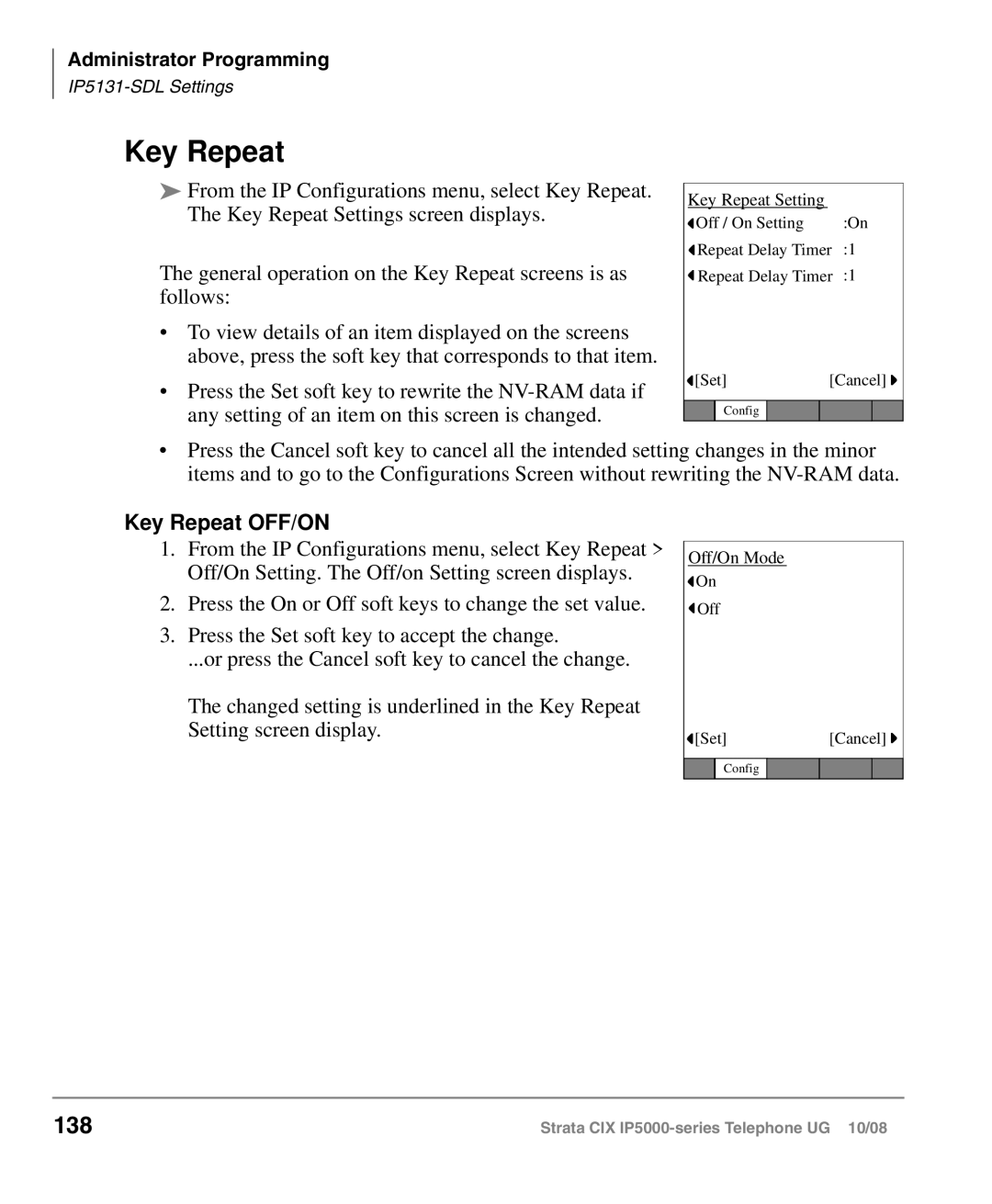 Toshiba IP5000 manual 138, Key Repeat OFF/ON 