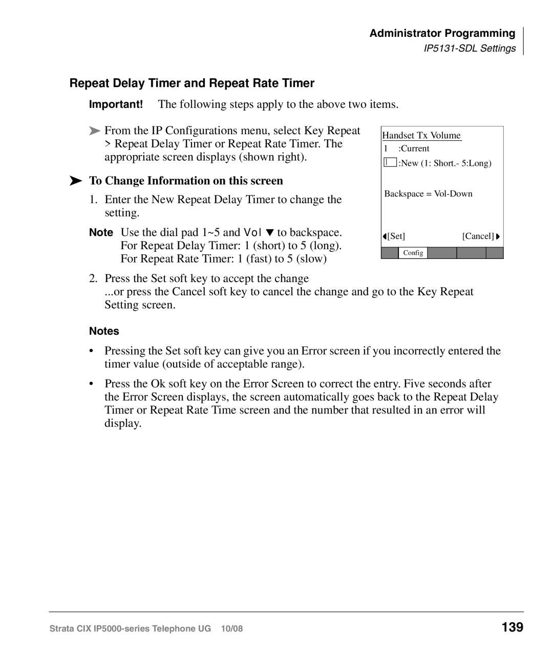 Toshiba IP5000 manual 139, Repeat Delay Timer and Repeat Rate Timer 