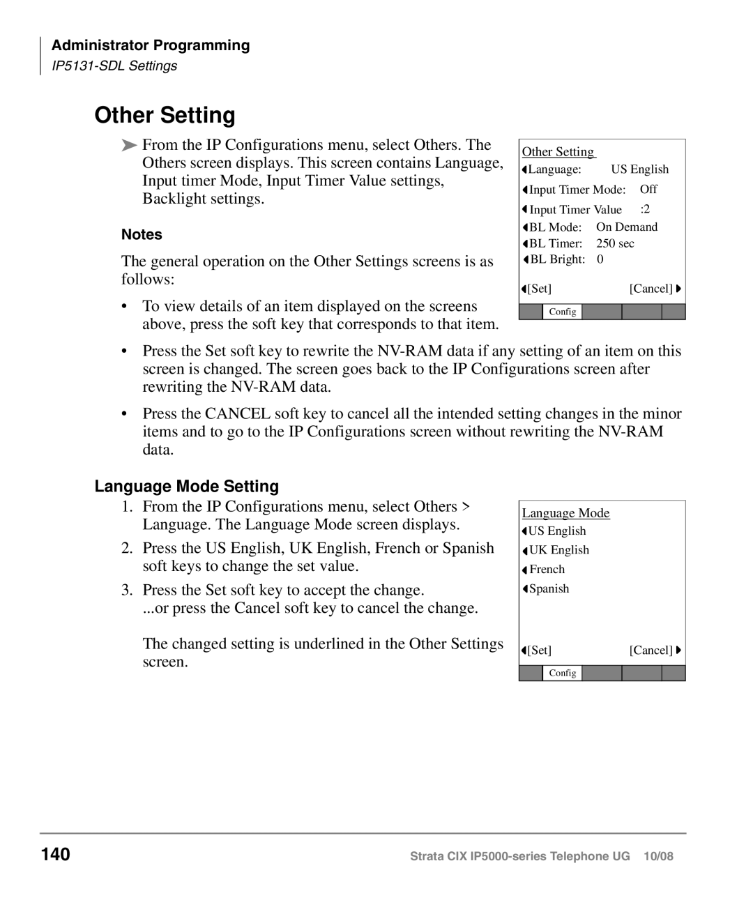 Toshiba IP5000 manual Other Setting, 140, Language Mode Setting 