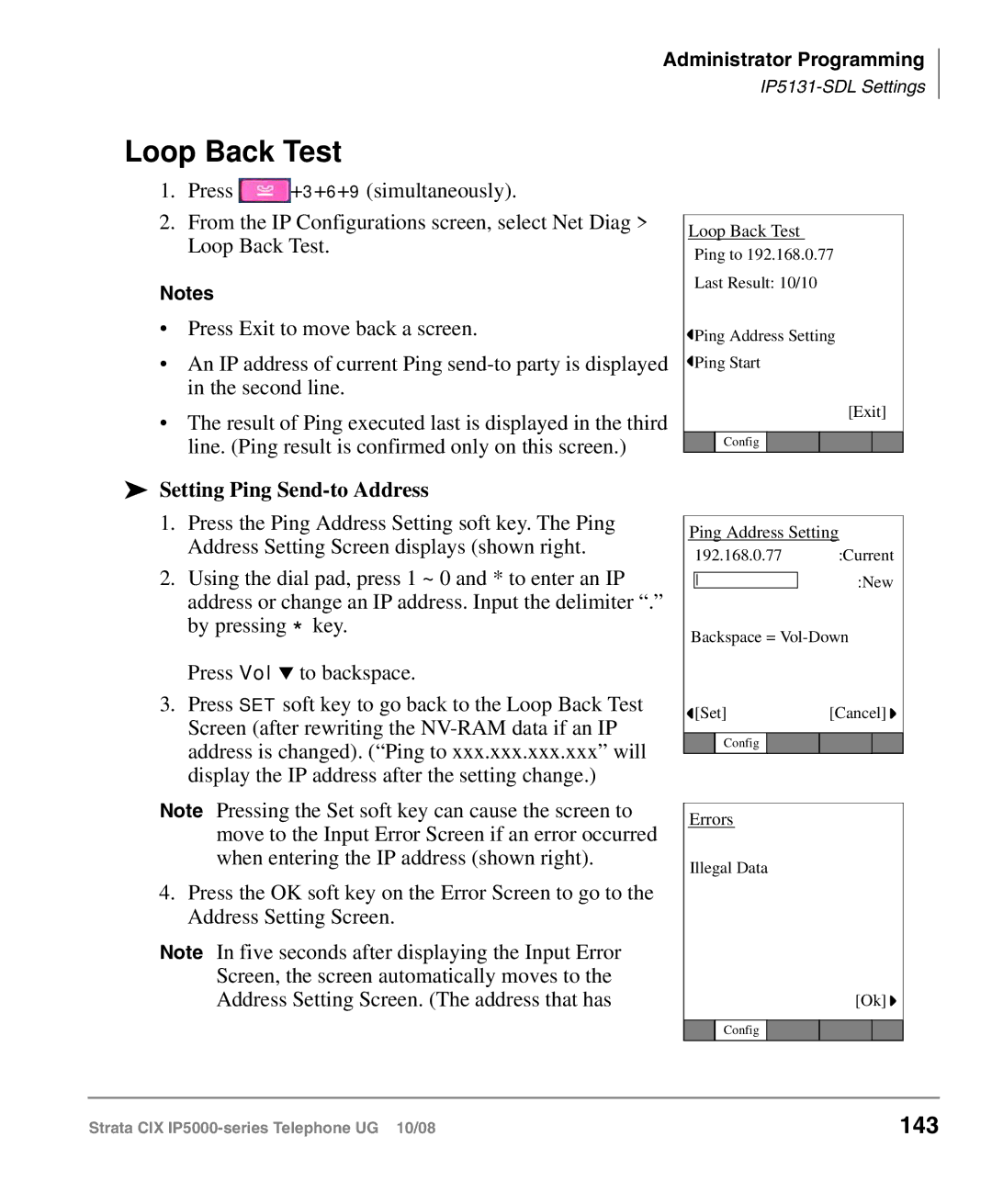 Toshiba IP5000 manual Loop Back Test, 143, Setting Ping Send-to Address 