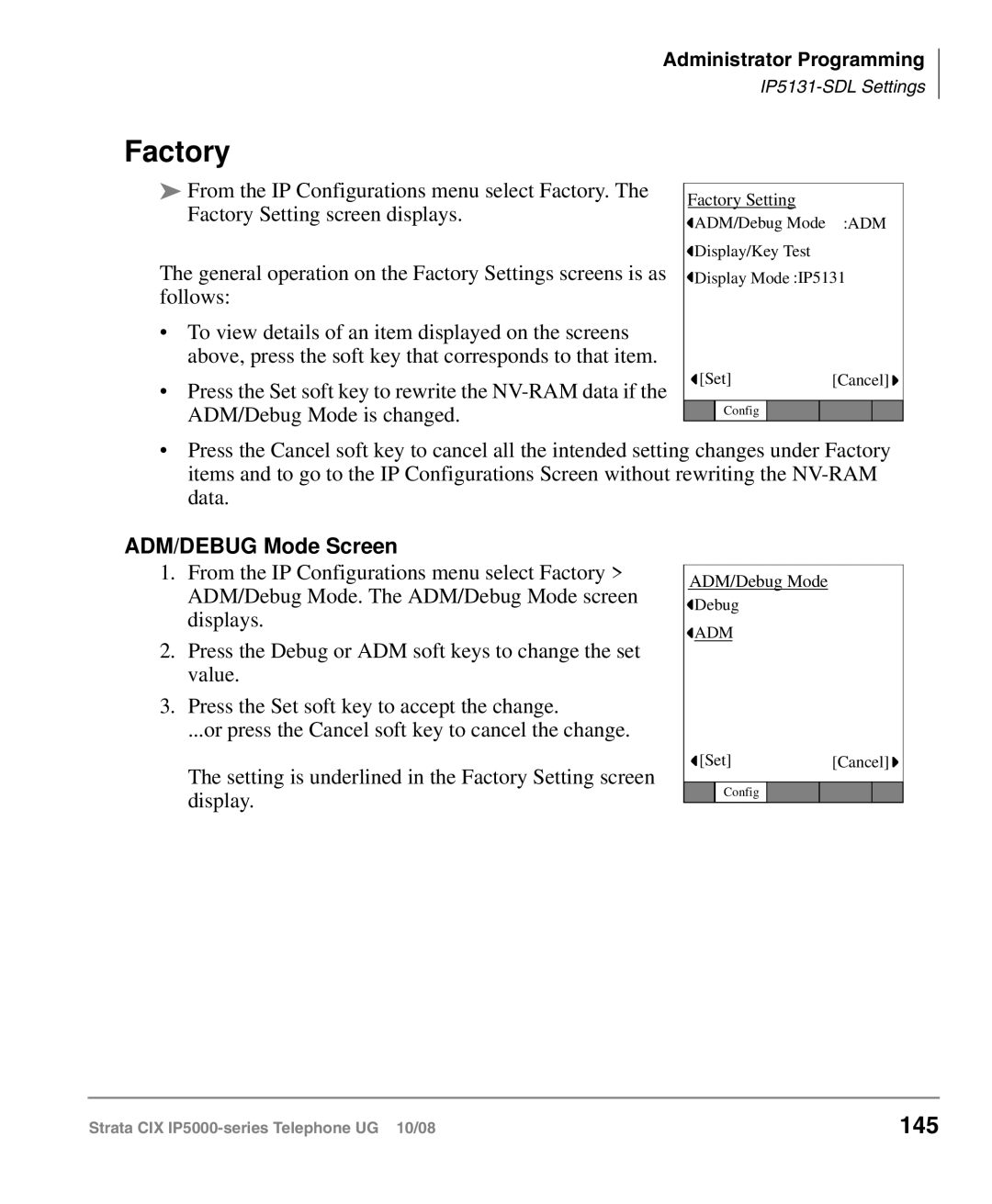 Toshiba IP5000 manual Factory, 145, ADM/DEBUG Mode Screen 