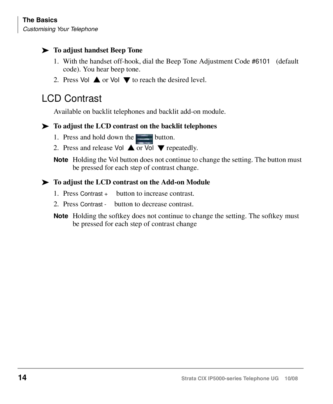 Toshiba IP5000 manual LCD Contrast, To adjust handset Beep Tone, To adjust the LCD contrast on the backlit telephones 