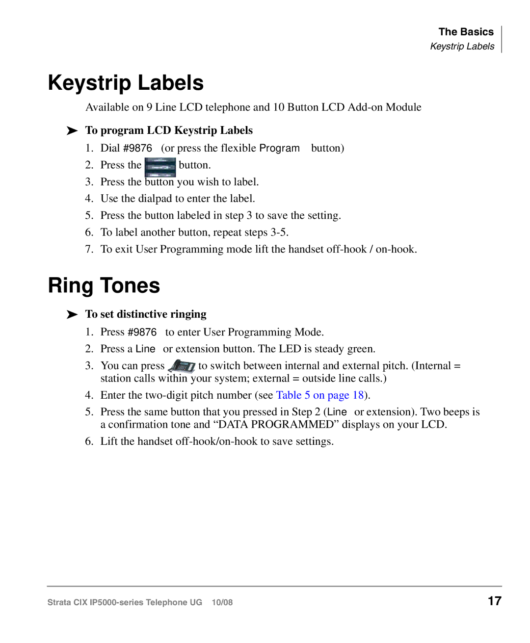 Toshiba IP5000 manual Ring Tones, To program LCD Keystrip Labels, To set distinctive ringing 