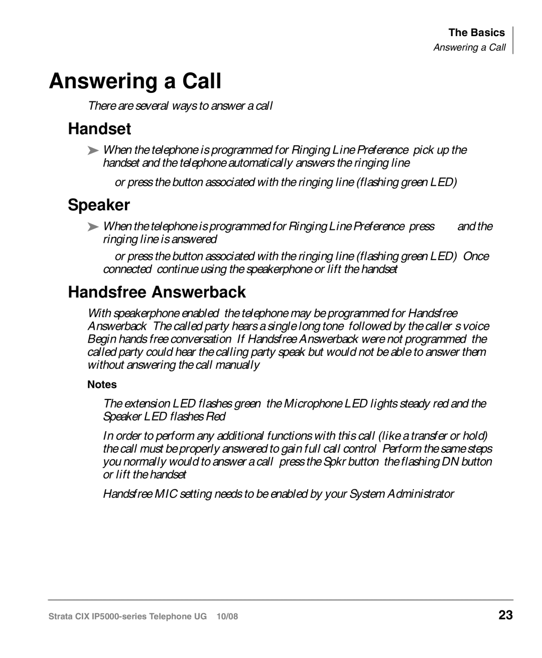 Toshiba IP5000 manual Answering a Call, Speaker, Handsfree Answerback 